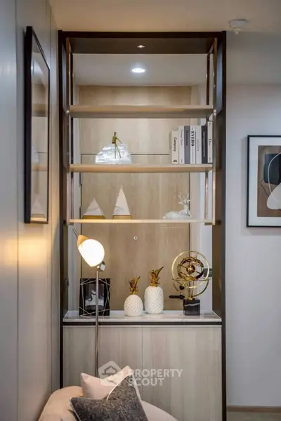 Stylish modern living room with elegant shelving and decorative accents