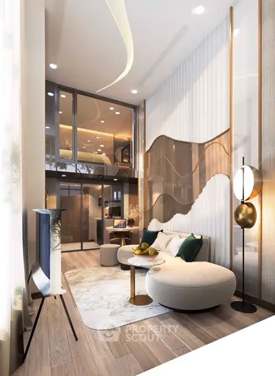 Luxurious modern living room with high ceilings and elegant decor