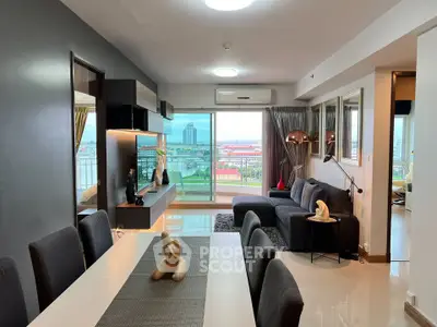 Modern living room with city view and stylish decor