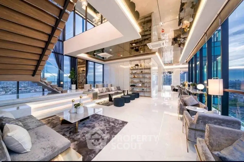 Luxurious modern living room with stunning city views and elegant decor