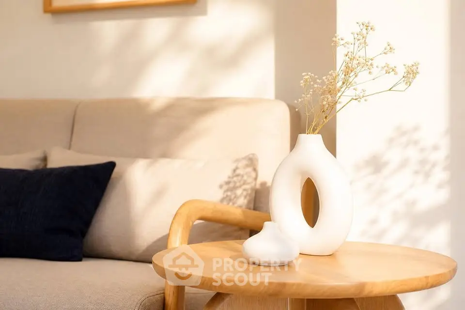 Elegant living room with modern decor and stylish furniture, featuring a cozy sofa and decorative vases.