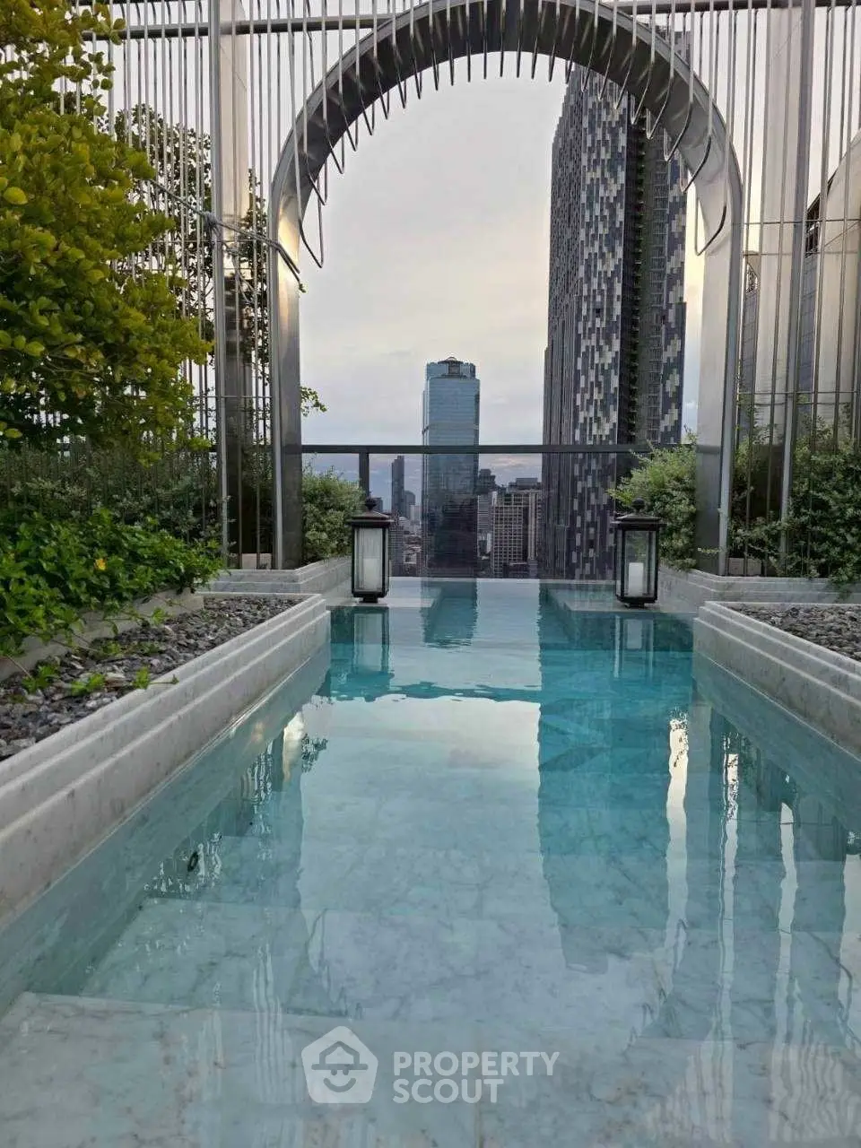 Luxurious rooftop pool with stunning cityscape view and modern architecture.