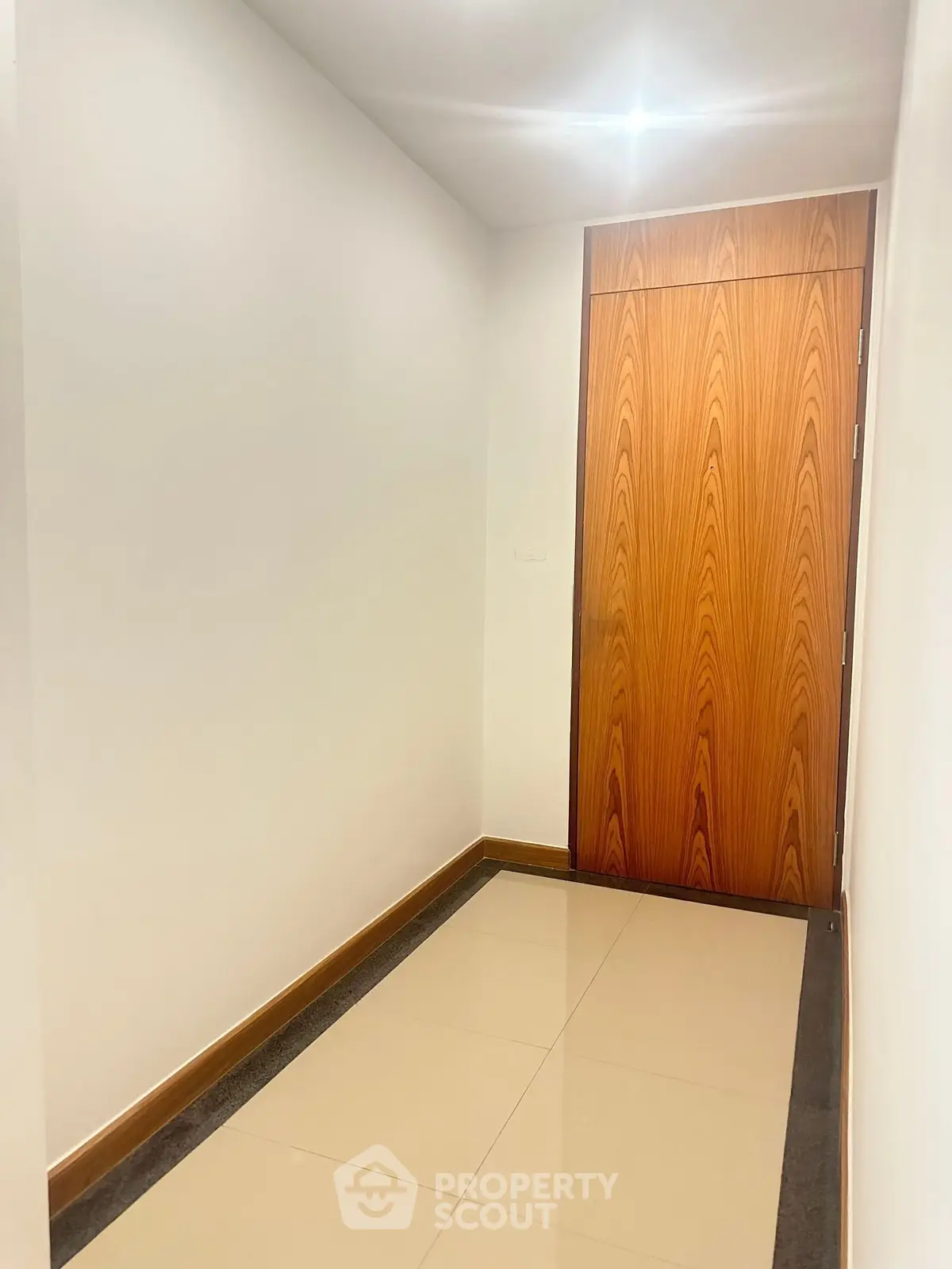 Modern hallway with sleek wooden door and polished tile flooring