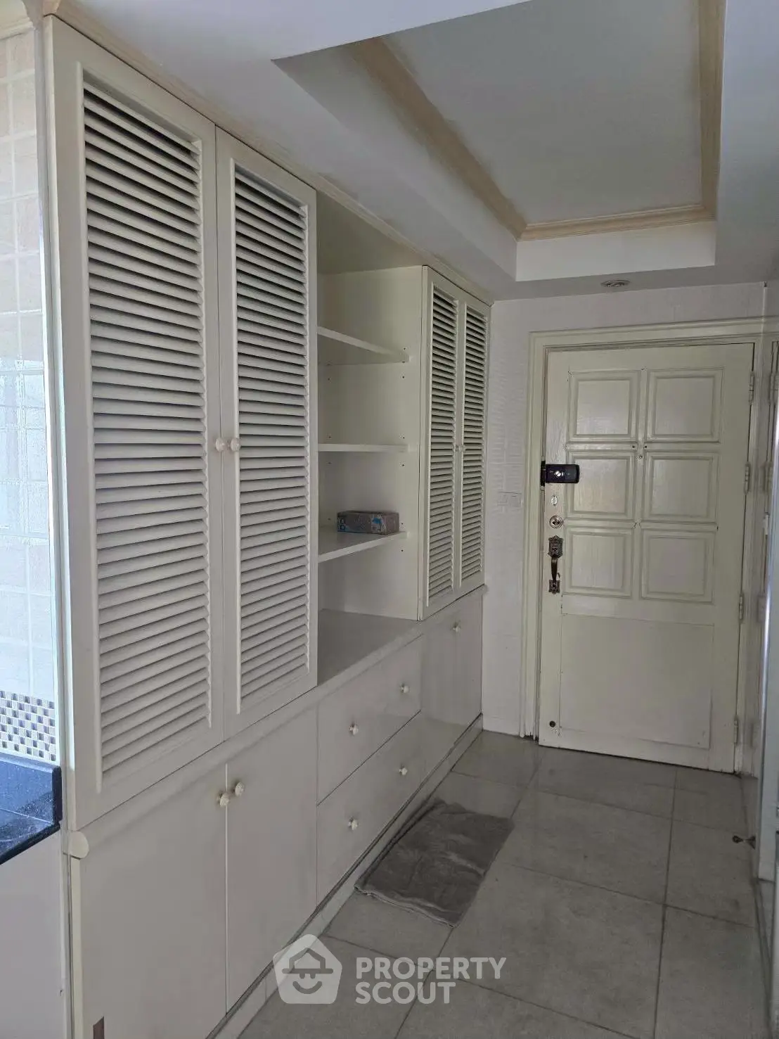 Spacious hallway with built-in storage and elegant white door