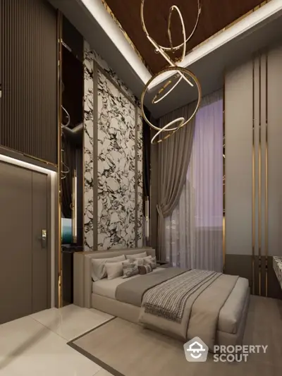 Luxurious modern bedroom with high ceilings and elegant lighting