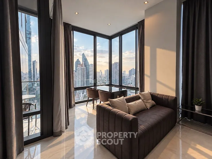 Luxurious corner unit living room with panoramic city views and elegant furnishings.