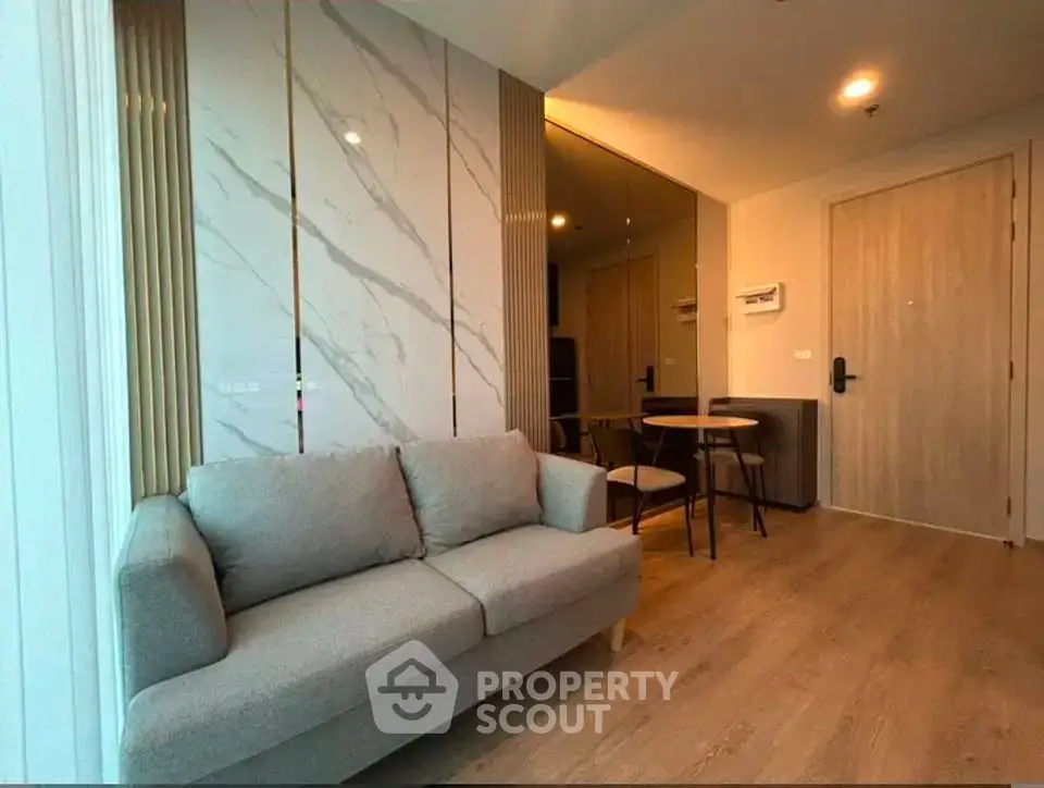 Modern living room with stylish decor and cozy seating area