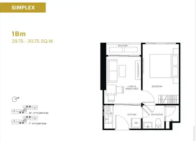 Modern simplex floor plan with living area, kitchen, bedroom, bathroom, and balcony.