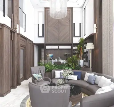 Luxurious living room with high ceilings, elegant decor, and plush seating in a modern home.