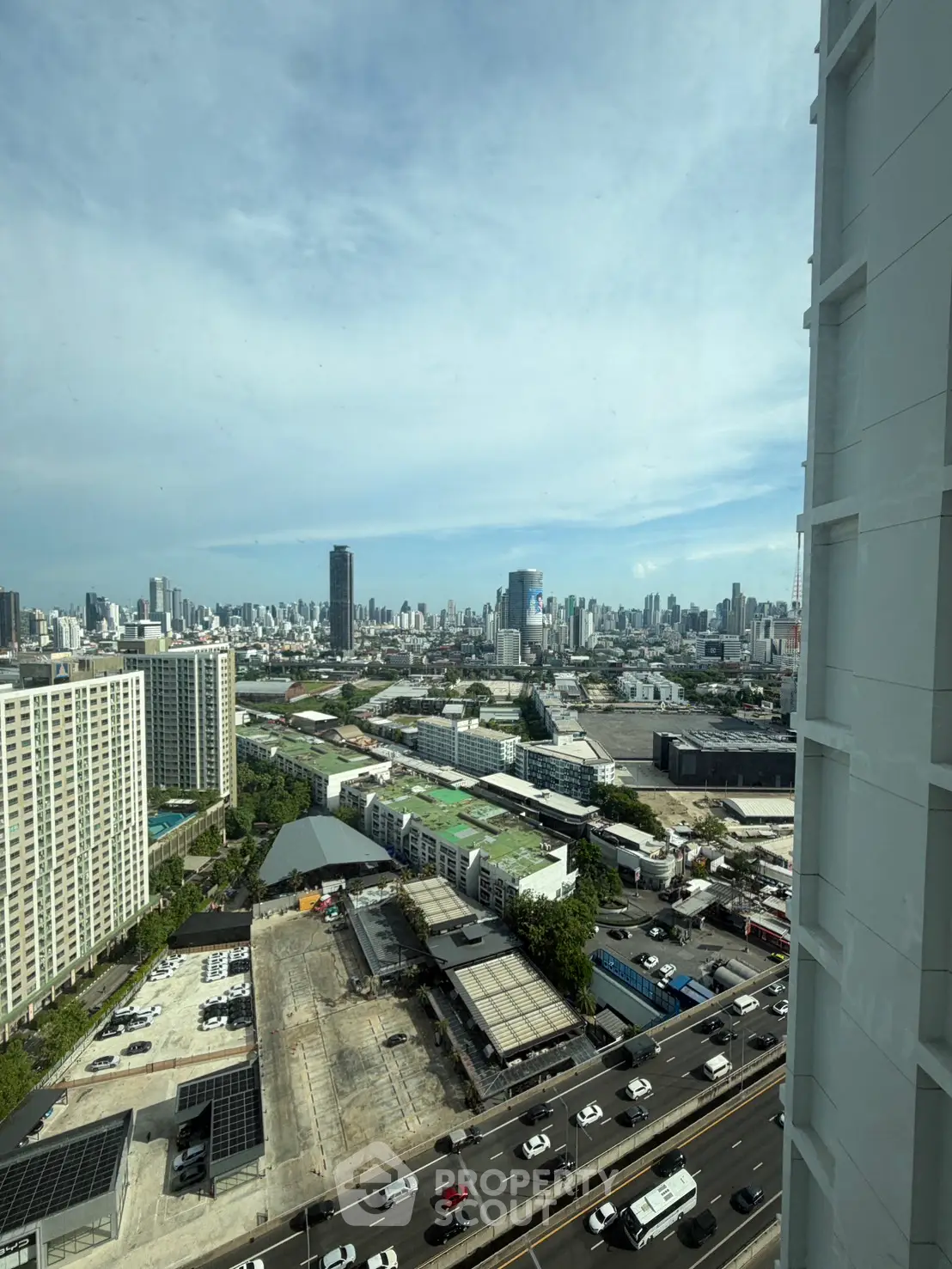 Stunning cityscape view from high-rise building showcasing urban skyline and bustling streets below.