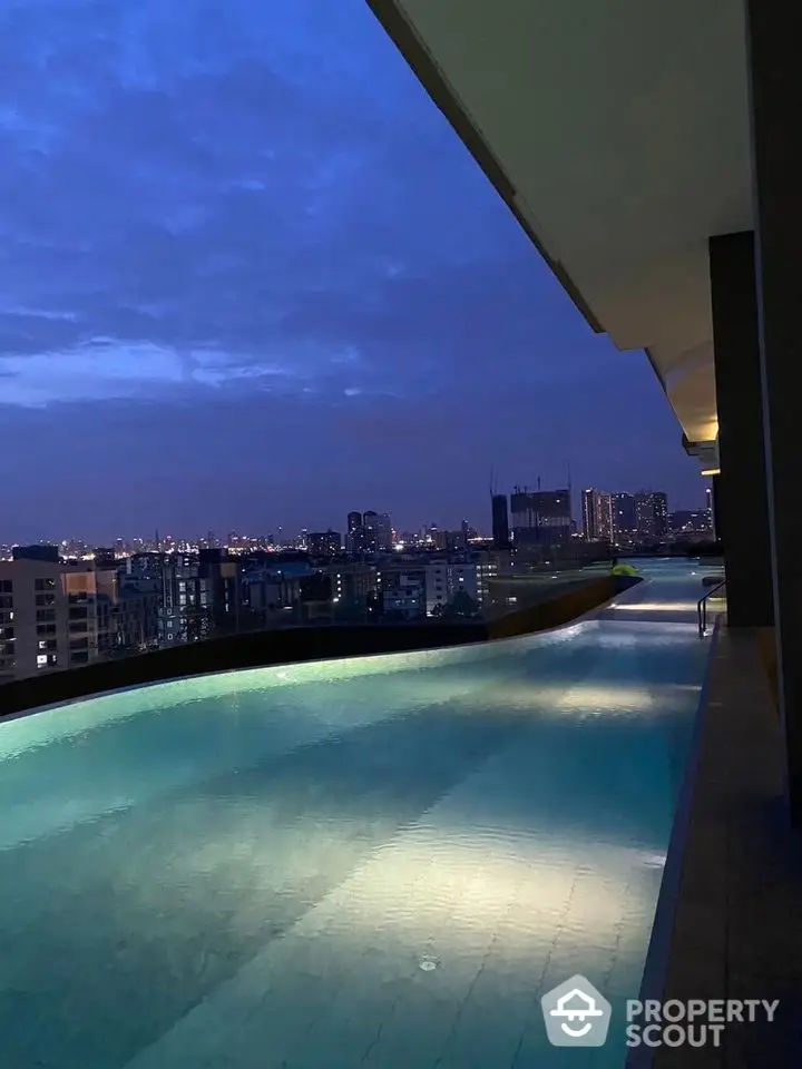 Stunning rooftop pool with breathtaking city skyline view at dusk