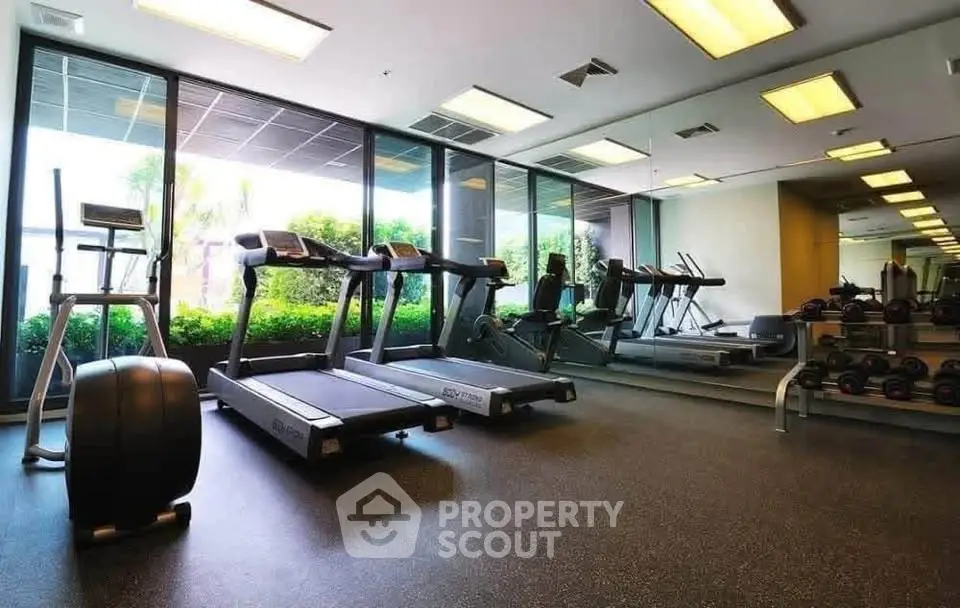 Modern gym with treadmills and weights in a bright, spacious setting with large windows.