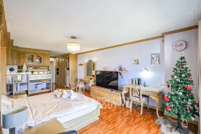 Spacious living room with elegant decor and festive Christmas tree, featuring hardwood floors and cozy ambiance.