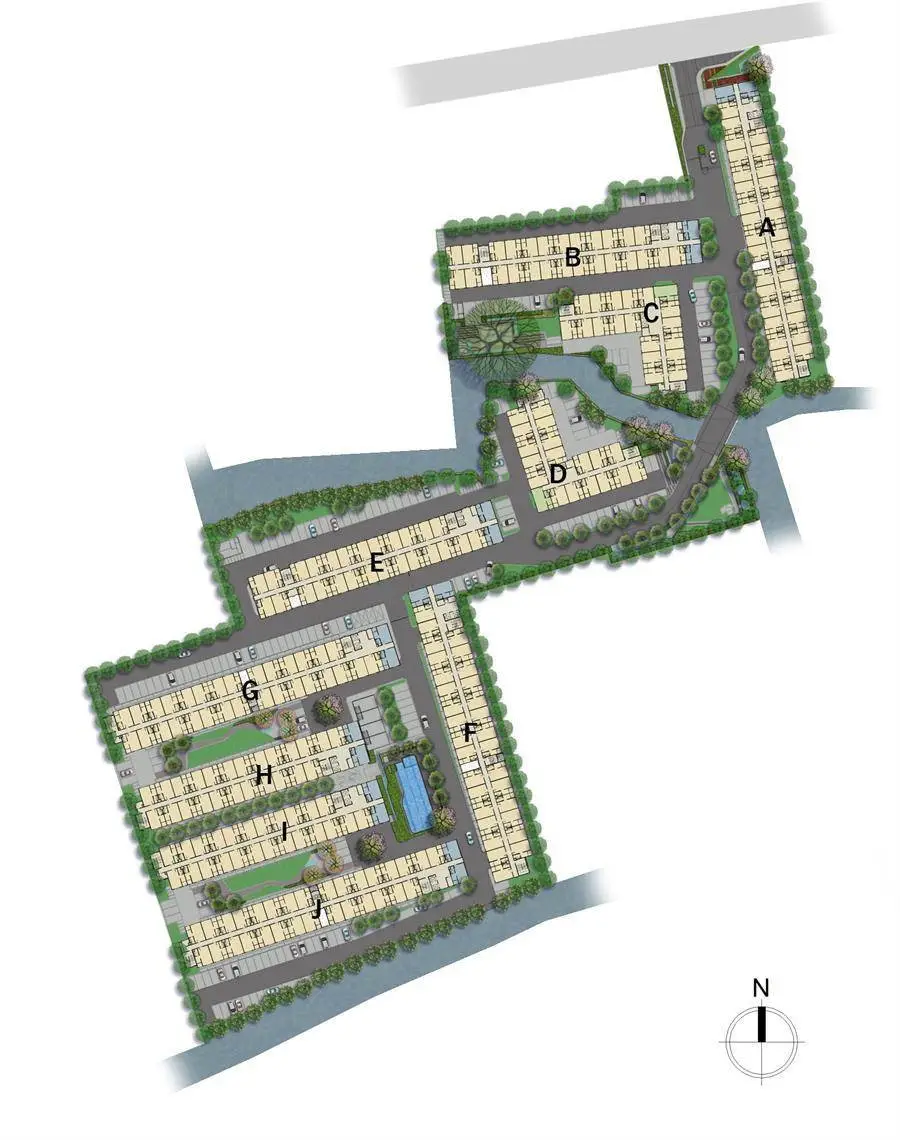 Detailed schematic plan of a residential complex with multiple buildings and green spaces.