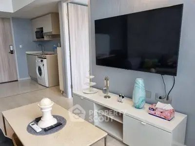 Modern living room with wall-mounted TV and compact kitchen featuring washing machine.