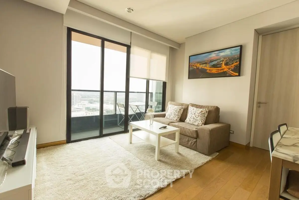Modern living room with balcony view and cozy seating area