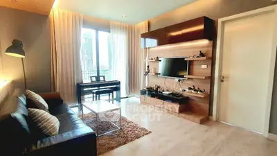 Modern living room with stylish decor, featuring a wall-mounted TV, piano, and large window with city view.