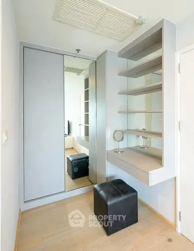 Modern bedroom with built-in wardrobe and stylish vanity area