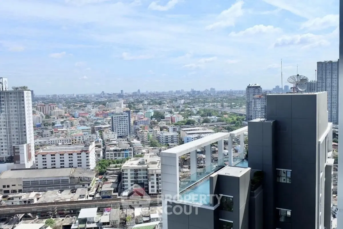 Stunning cityscape view from high-rise building with rooftop pool