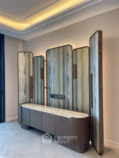 Elegant modern interior with stylish wooden furniture and ambient lighting