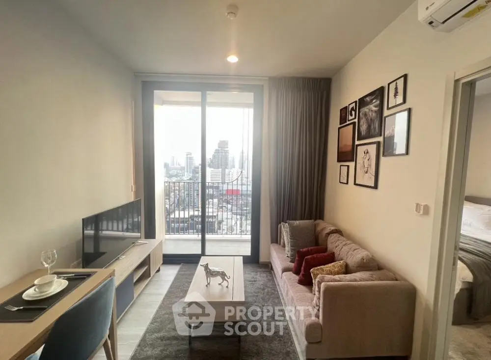 Modern living room with balcony view in urban apartment