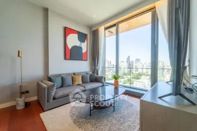 Modern living room with city view, stylish decor, and floor-to-ceiling windows.