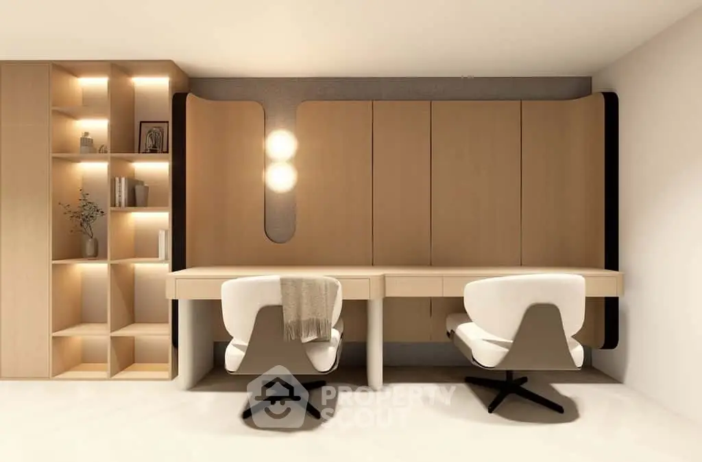Modern study room with sleek wooden desk and stylish chairs, perfect for productivity and comfort.
