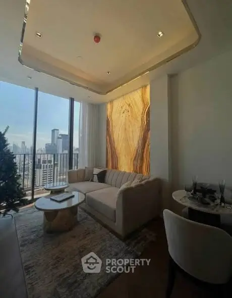 Luxurious living room with stunning city view and elegant decor