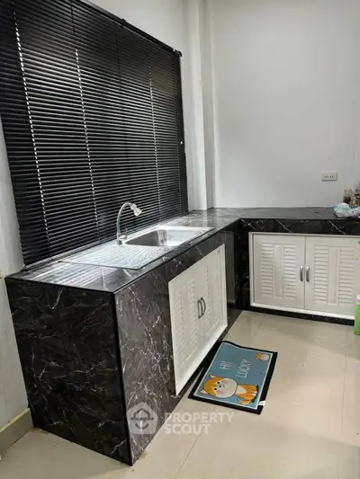 Modern kitchen with black marble countertops and sleek white cabinets