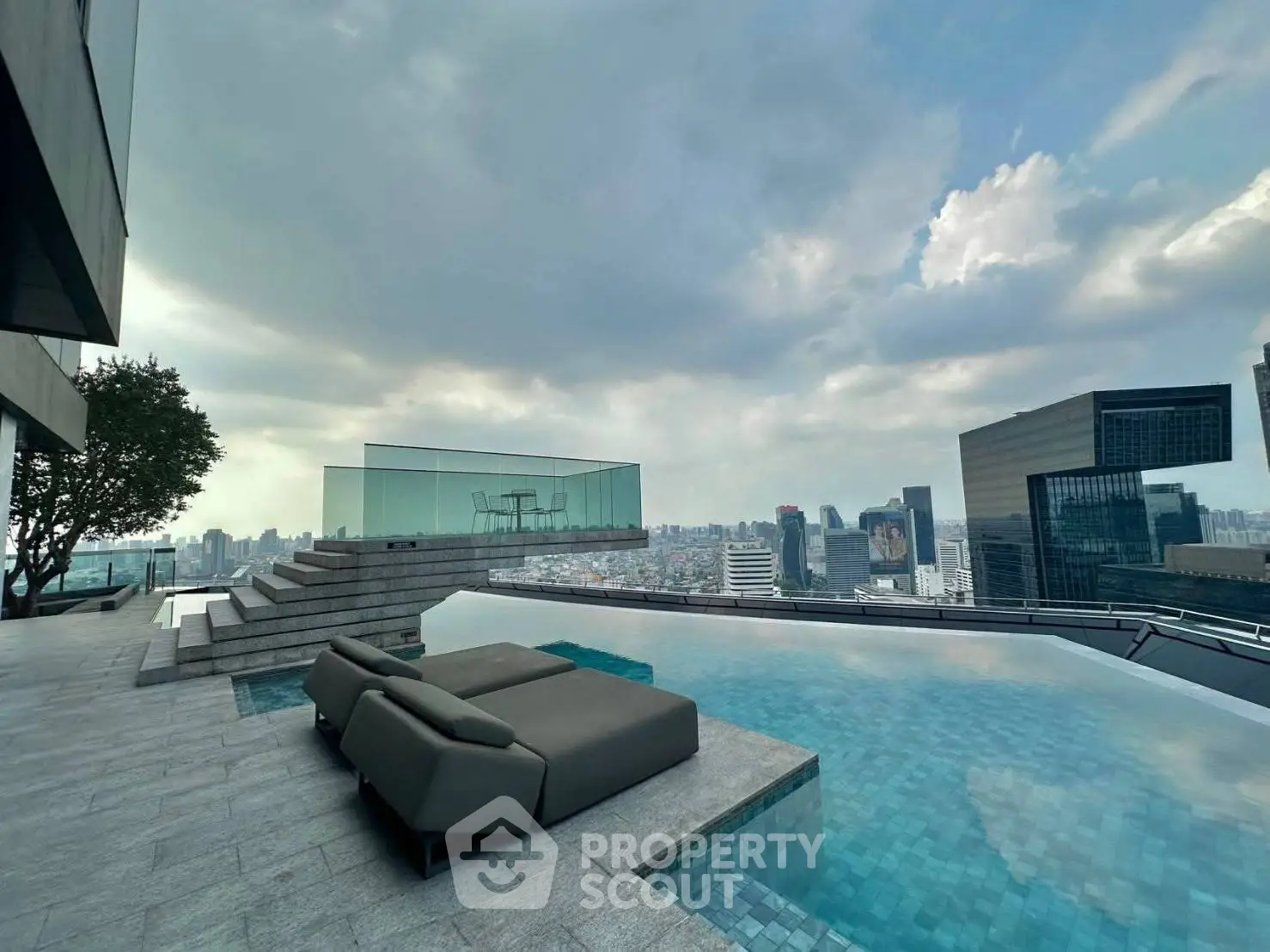 Luxurious rooftop pool with stunning city skyline view, perfect for relaxation and entertainment.