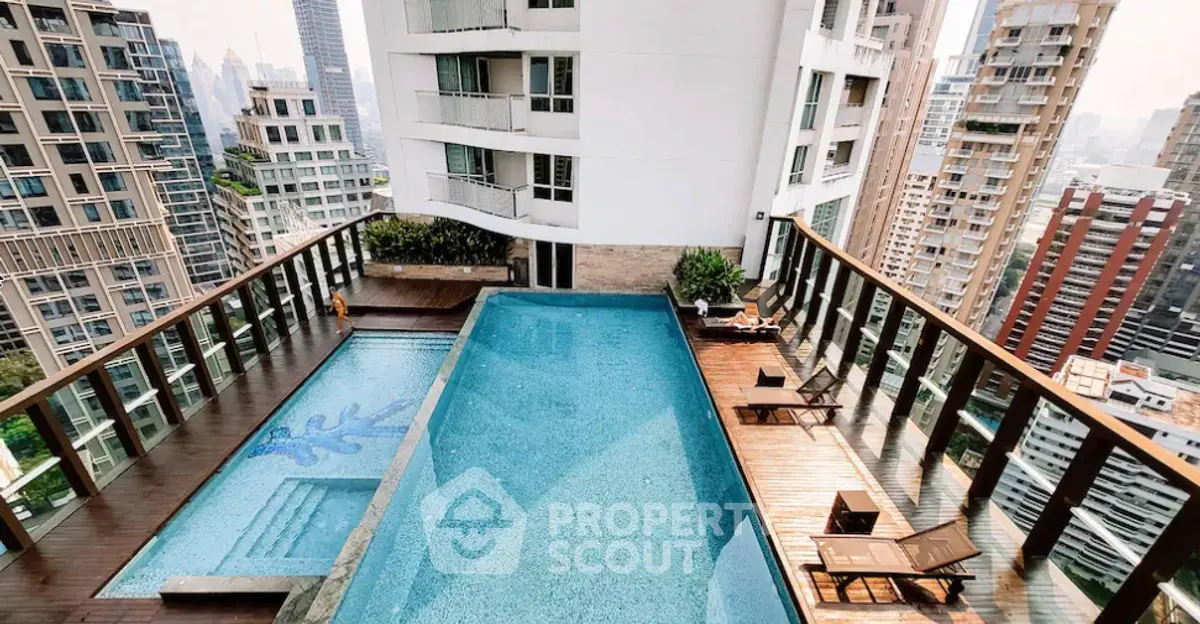 Luxurious rooftop pool with stunning city views in a high-rise building.