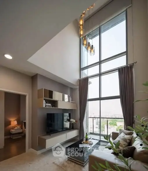 Luxurious high-ceiling living room with modern decor and large windows offering stunning city views.