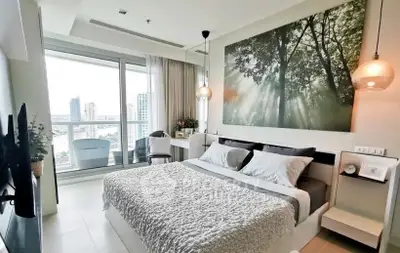 Luxurious modern bedroom with stunning wall art and panoramic window view