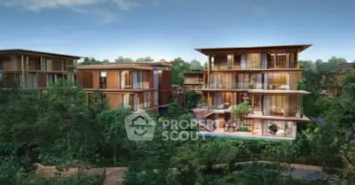 Luxurious modern residential buildings surrounded by lush greenery and serene environment.