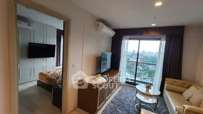 Modern living room with balcony view in stylish apartment