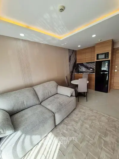 Modern living room with cozy gray sofa and stylish kitchen area
