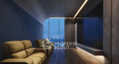 Luxurious home theater with plush seating and stunning city view