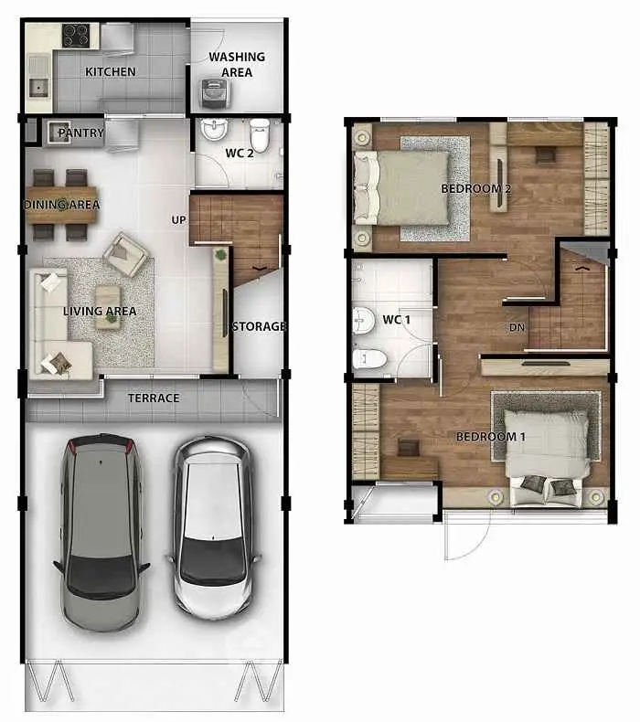 Modern two-story house floor plan with spacious living area, kitchen, and two bedrooms.