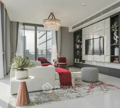 Luxurious modern living room with elegant decor and stunning city view.