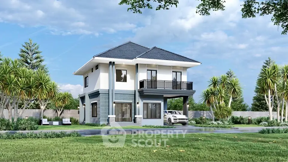 Stunning modern two-story house with lush landscaping and spacious driveway, perfect for family living.