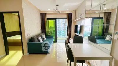 Modern living room with stylish decor and city view from balcony