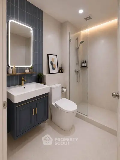 Modern bathroom with sleek design, featuring a glass shower, stylish vanity, and elegant lighting.