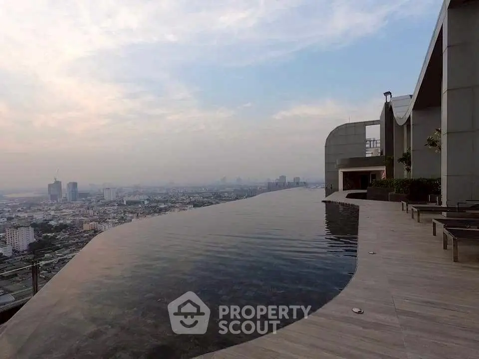 Luxurious rooftop infinity pool with stunning city skyline view at sunset.