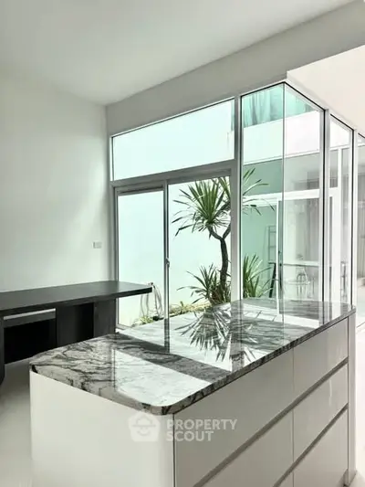Modern kitchen with sleek marble countertop and large windows overlooking a courtyard.