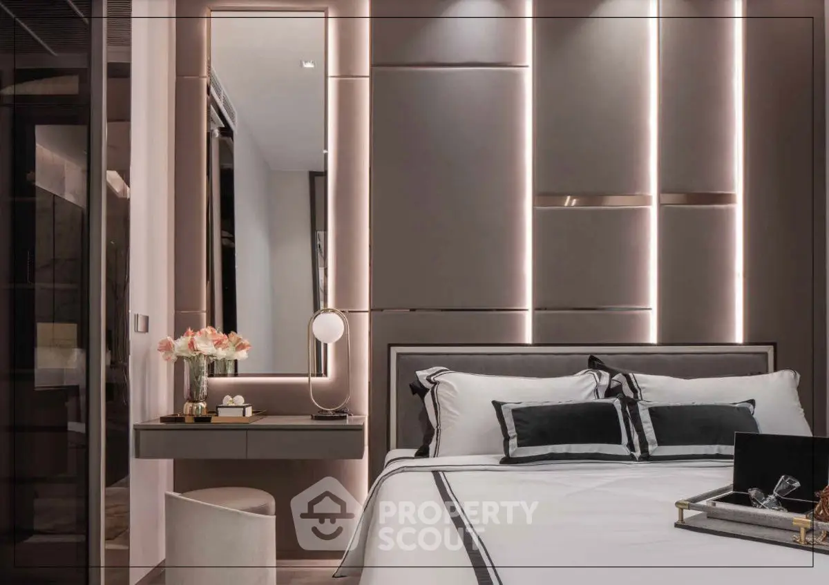 Luxurious modern bedroom with elegant lighting and stylish decor