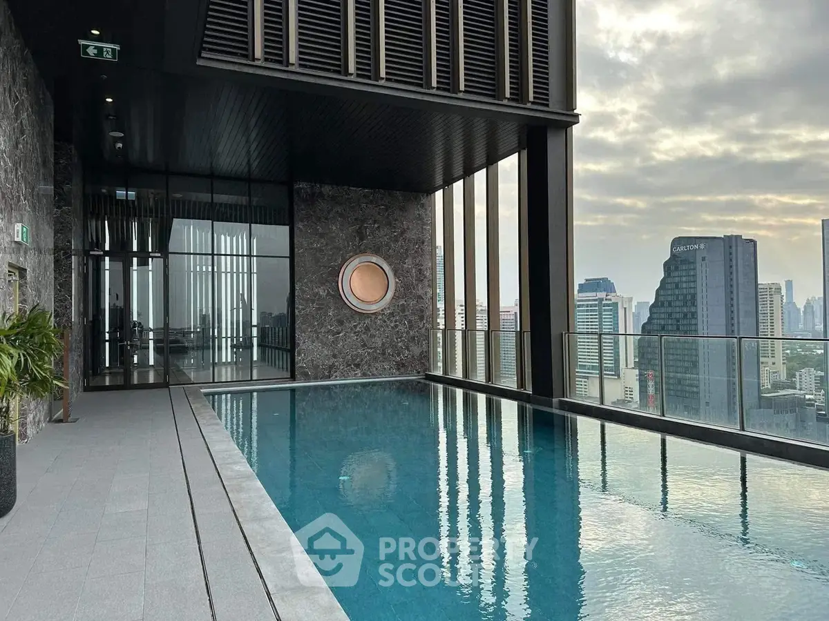 Luxurious rooftop pool with stunning city skyline view, perfect for relaxation and leisure.