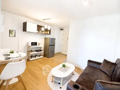 Modern living room with cozy seating and compact kitchen area