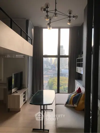 Modern loft-style living room with large windows and city view