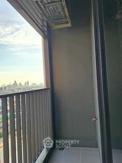 Modern balcony with city skyline view, perfect for urban living enthusiasts.