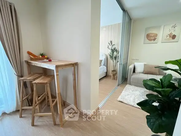 Modern apartment interior with cozy living room and stylish wooden furniture